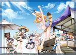  6+girls :d adapted_costume alternate_hairstyle animal_ears arm_up armpits backpack bag ball bare_legs barefoot beach beach_umbrella beachball bird_tail black_hair blonde_hair blue_hair blue_sky bottle bow bowtie brown_hair chair chiki_yuuko clenched_hand cloud commentary_request common_raccoon_(kemono_friends) crop_top day eating eurasian_eagle_owl_(kemono_friends) ezo_red_fox_(kemono_friends) fennec_(kemono_friends) food fox_ears fox_tail gradient_hair green_hair hat hat_feather head_wings highres ice_cream ice_cream_cone ice_cream_cone_spill japari_symbol kaban_(kemono_friends) kemono_friends light_rays long_hair lucky_beast_(kemono_friends) multicolored_hair multiple_girls northern_white-faced_owl_(kemono_friends) open_mouth outdoors personification ponytail print_neckwear print_shorts raccoon_ears raccoon_tail serval_(kemono_friends) serval_ears serval_print serval_tail shochuumimai short_hair short_shorts shorts silver_fox_(kemono_friends) silver_hair skirt sky smile striped_tail sun_hat sunbeam sunlight swimsuit table tail tray umbrella white_bikini_top white_hair yakisoba yellow_eyes 