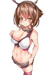  adapted_costume asymmetrical_breasts bikini breasts brown_eyes brown_hair groin hair_between_eyes headgear kantai_collection large_breasts mutsu_(kantai_collection) navel short_hair simple_background smile solo stomach swimsuit thighhighs white_background white_bikini yukishiro_arute 