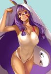  bad_id bad_pixiv_id collarbone covered_navel dark_skin earrings facial_mark fate/grand_order fate_(series) highres hoop_earrings jewelry kickboard leaning_forward long_hair looking_to_the_side medjed nitocris_(fate/grand_order) nitocris_(swimsuit_assassin)_(fate) one-piece_swimsuit purple_hair sasaki_tamao smile solo swimsuit veil 