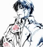  amestris_military_uniform biting black_eyes black_hair blood blood_on_face chongning dirty eyebrows_visible_through_hair fullmetal_alchemist glove_biting gloves gloves_removed injury looking_away male_focus military military_uniform monochrome red roy_mustang simple_background solo spot_color uniform white_background 