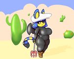  2017 animal_crossing ankha anthro big_breasts black_eyes blue_hair boots breasts cactus cat clothed clothing costume desert digital_media_(artwork) egyptian eyelashes feline female footwear hair hat hi_res holding_object leather mammal melee_weapon nintendo noseless outside polearm sirphilliam slightly_chubby solo spear suit thick_thighs video_games weapon wide_hips wings 