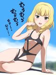  :d action_heroine_cheer_fruits black_eyes black_swimsuit blonde_hair blue_sky blush body_blush breasts commentary_request day drill_hair eyebrows_visible_through_hair long_hair looking_at_viewer medium_breasts meow_(nekodenki) open_mouth outdoors shimura_kanon sky smile solo swimsuit thigh_gap 