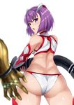  ass bare_shoulders bikini breasts elbow_gloves fate_(series) gloves helena_blavatsky_(fate/grand_order) helena_blavatsky_(swimsuit_archer)_(fate) jirusu looking_at_viewer looking_back medium_breasts nikola_tesla_(fate/grand_order) open_mouth purple_eyes purple_hair shiny shiny_hair shiny_skin short_hair simple_background solo_focus swimsuit white_background white_bikini white_gloves 