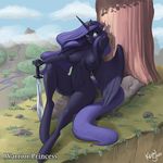  2017 anthro anthrofied areola blue_eyes blue_feathers blue_hair breasts cloud english_text equine feathered_wings feathers female friendship_is_magic hair hooves horn kevinsano long_hair mammal melee_weapon my_little_pony navel nipples outside princess_luna_(mlp) pussy rock sky solo sword text tree weapon winged_unicorn wings 