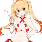  alternate_hairstyle bikini blonde_hair bracelet breasts closed_mouth criss-cross_halter earrings fate/grand_order fate_(series) green_eyes halterneck hand_on_hip highres jewelry large_breasts long_hair looking_at_viewer navel nero_claudius_(fate)_(all) nero_claudius_(swimsuit_caster)_(fate) simple_background smile solo star striped striped_bikini swimsuit takae_(poupee_en_biscuit) twintails v white_background 