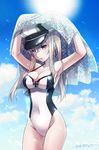  adapted_costume armpits artist_name bangs blonde_hair blue_eyes blush breasts cleavage cloud cloudy_sky collarbone covered_navel cowboy_shot day eyebrows_visible_through_hair graf_zeppelin_(kantai_collection) hair_between_eyes hat highres kantai_collection large_breasts lips long_hair omoomomo one-piece_swimsuit outdoors parted_lips peaked_cap sidelocks signature sky solo sun swimsuit thighs towel tsurime twintails 