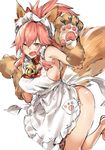  animal_ears apron arched_back bangs bare_shoulders bell bell_collar blush bow breasts cat_paws claw_pose collar commentary_request eyebrows fang fate/grand_order fate_(series) fox_ears fox_girl fox_tail frilled_apron frills hair_bow highres hips large_breasts leg_up long_hair looking_at_viewer maid_headdress naked_apron one_eye_closed open_mouth paw_print paws pink_hair ponytail red_bow sash shiny shiny_skin sideboob sidelocks simple_background smile solo tail tamamo_(fate)_(all) tamamo_cat_(fate) thighs white_background yakitomeito yellow_eyes 