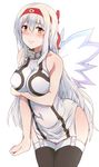  3: alternate_costume angel_wings arched_back bad_id bad_pixiv_id bare_shoulders black_legwear blush breasts chain collar commentary_request cosplay covered_navel dress garter_straps hair_between_eyes hairband highres kantai_collection large_breasts long_hair nomizu_iori nymph_(sora_no_otoshimono) nymph_(sora_no_otoshimono)_(cosplay) seiyuu_connection short_dress shoukaku_(kantai_collection) simple_background solo sora_no_otoshimono suisen_toire_(moko924) thighhighs white_background white_hair wings 