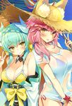  animal_ears aqua_hair bangs bare_arms bare_shoulders bikini blue_bikini blue_sky blush breasts cleavage closed_mouth commentary_request day detached_collar ears_through_headwear eyebrows_visible_through_hair fang fate/grand_order fate_(series) fox_ears hair_between_eyes halter_top halterneck hat highres horns kiyohime_(fate/grand_order) kiyohime_(swimsuit_lancer)_(fate) large_breasts long_hair looking_at_viewer mirei multiple_girls obi outdoors palm_tree parted_lips pink_hair sash see-through shirt side-tie_bikini sky smile starfish straw_hat summer sun_hat swimsuit tamamo_(fate)_(all) tamamo_no_mae_(fate) tamamo_no_mae_(swimsuit_lancer)_(fate) tree v white_shirt yellow_bikini yellow_eyes 