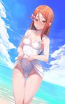  3: absurdres ass_visible_through_thighs beach blue_sky blush breasts brown_eyes casual_one-piece_swimsuit choker cleavage cloud cloudy_sky covered_navel day flower ginopi hair_flower hair_ornament half_updo highleg highleg_swimsuit highres lens_flare long_hair looking_at_viewer love_live! love_live!_sunshine!! one-piece_swimsuit outdoors red_hair sakurauchi_riko sky small_breasts solo swimsuit thigh_gap white_swimsuit 