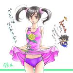  1girl black_hair blush buruma commentary_request dress floral_print hair_ornament jewelry kazama_jin ling_xiaoyu tekken tekken_4 tongue tongue_out translation_request twintails usa_piro 