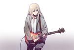  bad_id bad_pixiv_id black_hair blonde_hair commentary_request cowboy_shot electric_guitar gradient gradient_background grey_background guitar hair_ornament hairclip holding holding_instrument instrument jacket kamameshi_gougoumaru long_hair long_sleeves looking_to_the_side loose_clothes music open_clothes open_jacket playing_instrument shirt smile solo white_background white_shirt 