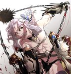  abs belt black_sclera blood bow chain claws clenched_teeth fate/grand_order fate_(series) hair_bow i-pan mouth_hold penthesilea_(fate/grand_order) ripping silver_hair solo strapless teeth tubetop vambraces yellow_eyes 