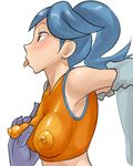  1girl areolae arm_grab bare_shoulders battle_girl_(pokemon) blue_hair blush breast_grab breast_squeeze breasts crop_top erect_nipples from_side machamp pokemon pokemon_(game) pokemon_oras ponytail tongue tongue_out 