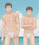  abs adjusting_fundoshi blue_sky brown_eyes brown_hair bulge cloud crossed_arms day fundoshi japanese_clothes looking_at_another looking_down looking_to_the_side male_focus multiple_boys muscle_envy nipples ocean open_mouth original sky 