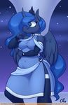  2017 anthro anthrofied armwear blue_eyes blue_hair clothed clothing curved_horn dress ear_piercing equine feathered_wings feathers female friendship_is_magic fully_clothed hair hi_res horn legwear long_hair mammal my_little_pony nekocrispy piercing princess_luna_(mlp) solo winged_unicorn wings 