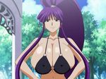  00s animated animated_gif bikini bouncing_breasts breasts eiken huge_breasts long_hair misono_kirika purple_hair swimsuit talking thong_bikini underboob 