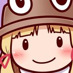  bangs blonde_hair blush chibi close-up closed_mouth commentary_request face hat looking_at_viewer moriya_suwako smile solo tottsuman touhou wide_face 