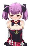  alternate_hairstyle bare_shoulders belt blush fate/grand_order fate_(series) flat_chest helena_blavatsky_(fate/grand_order) highres jacket looking_away purple_eyes purple_hair shiime short_hair solo strapless tree_of_life twintails white_sleeves 