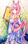  animal_ears ballpoint_pen_(medium) bangs blue_hair breasts bunny_ears color_ink_(medium) commentary flower frown grass holding holding_hair long_hair long_sleeves looking_at_viewer medium_breasts mirror_(xilu4) multicolored_hair nightgown painting_(object) pink_hair red_eyes reisen_udongein_inaba solo standing sunflower touhou traditional_media very_long_hair 