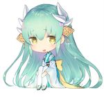  aqua_hair bangs blush chibi commentary_request eyebrows_visible_through_hair fate/grand_order fate_(series) heart heart-shaped_mouth heart-shaped_pupils holding_legs horns japanese_clothes kimono kiyohime_(fate/grand_order) long_hair looking_to_the_side obi open_mouth sandals sash shiny shiny_hair signature simple_background sitting solo symbol-shaped_pupils very_long_hair white_background wide_sleeves yasuyuki yellow_eyes 
