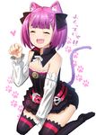  animal_ears blush cat_ears cat_tail closed_eyes fate/grand_order fate_(series) flat_chest hat helena_blavatsky_(fate/grand_order) highres kemonomimi_mode open_mouth paw_pose paw_print purple_hair shiime short_hair sketch smile solo strapless tail thighhighs translated white_sleeves 