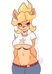 areola areola_slip bandicoot bearbox_doodletimes belt big_breasts blonde_hair blue_eyes breasts cleavage clothed clothing coco_bandicoot crash_bandicoot_(series) female hair jeans mammal marsupial navel pants shirt simple_background solo under_boob video_games white_background white_shirt 