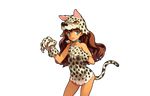  animal_costume animal_hat animal_print brown_hair collarbone cowboy_shot eiyuu_senki flat_chest green_eyes hat long_hair looking_at_viewer montezuma_(eiyuu_senki) ooyari_ashito open_mouth paws solo tail transparent_background 