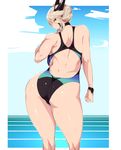  artoria_pendragon_(all) artoria_pendragon_(lancer_alter) ass bare_shoulders blonde_hair braid breasts fate/grand_order fate_(series) highres large_breasts looking_at_viewer looking_back one-piece_swimsuit sekiyu_(spartan) short_hair solo swimsuit thick_thighs thighs toned underboob yellow_eyes 