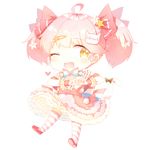  3000_xiao_chun blush chibi diamond-shaped_pupils eyebrows_visible_through_hair heart heart_hands highres looking_at_viewer one_eye_closed open_mouth original pink_hair pink_legwear short_hair short_twintails smile solo striped striped_legwear symbol-shaped_pupils thighhighs twintails white_legwear yellow_eyes 