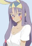  absurdres alternate_costume animal_ears blush breasts casual commentary_request dark_skin donguri_suzume facial_mark fate/grand_order fate_(series) hairband highres jackal_ears long_hair looking_at_viewer medium_breasts nitocris_(fate/grand_order) purple_eyes purple_hair shirt smile solo t-shirt very_long_hair white_shirt 