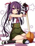  black_gloves black_legwear checkered checkered_floor ebisuzawa_kurumi eyebrows_visible_through_hair fingerless_gloves gakkou_gurashi! gloves green_skirt hair_ribbon head_tilt high-waist_skirt highres holding holding_weapon long_hair meme_attire neck_ribbon purple_eyes purple_hair red_ribbon ribbon school_uniform shirt shovel simple_background sitting skirt sleeveless sleeveless_shirt smile solo star striped striped_gloves twintails virgin_killer_outfit weapon white_background white_shirt yoshida_takuma 