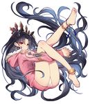  anklet barefoot black_hair closed_mouth earrings fate/grand_order fate_(series) fur_trim hair_ornament hair_ribbon hands_together highres hood hooded_jacket ishtar_(fate/grand_order) ishtar_(swimsuit_rider)_(fate) jacket jewelry legs legs_up long_legs oro_(sumakaita) red_eyes ribbon smile solo twintails white_background 