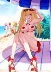  ;q absurdres ahoge alternate_hairstyle ball beach beach_towel beach_umbrella beachball bikini blonde_hair bracelet breasts criss-cross_halter cup day drink drinking_glass drinking_straw earrings eyewear_on_head fate/grand_order fate_(series) fujimaru_ritsuka_(female) full_body green_eyes hair_intakes halterneck highres jewelry large_breasts lavender_hair legs long_hair long_legs looking_at_viewer mash_kyrielight multiple_girls nail_polish nero_claudius_(fate)_(all) nero_claudius_(swimsuit_caster)_(fate) ocean one_eye_closed orange_hair red_nails sandals short_hair side-tie_bikini sinzuu sitting smile solo_focus standing striped striped_bikini sunglasses swimsuit swimsuit_of_perpetual_summer thighs toenail_polish tongue tongue_out towel tropical_drink twintails umbrella 