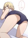  1girl ass bare_arms bare_shoulders bent_over black_panties blonde_hair blue_eyes blush braid commentary_request fate/apocrypha fate_(series) foreshortening from_behind hair_between_eyes highres jeanne_d'arc_(fate) jeanne_d'arc_(fate)_(all) looking_at_viewer looking_back panties panties_under_shorts polka_dot polka_dot_panties ramchi shirt short_shorts shorts single_braid sleeveless sleeveless_shirt solo spoken_blush spoken_ellipsis thighs underwear upshorts 