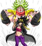  artist_request black_hair breasts caulifla chain cleavage clenched_hands coat cosplay dragon_ball dragon_ball_super earrings fingerless_gloves gakuran gloves hand_in_pocket hat_over_one_eye hoop_earrings jewelry jojo_no_kimyou_na_bouken jojo_pose kale_(dragon_ball) kuujou_joutarou kuujou_joutarou_(cosplay) large_breasts long_coat long_hair multiple_girls muscle muscular_female navel no_pupils open_clothes open_coat pants parody pauldrons pose red_scarf scarf school_uniform stand_(jojo) star_platinum stardust_crusaders stomach strapless super_saiyan super_saiyan_berserk tubetop 