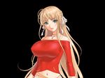  1girl bare_shoulders blonde_hair breasts collarbone earrings game_cg green_eyes hair_ribbon highres large_breasts long_hair long_sleeves looking_at_viewer midriff navel original parted_lips pendant ribbon sano_toshihide saotome_maria sex_life simple_background smile solo standing upper_body 