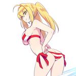  ahoge ass bikini blonde_hair blush breasts chan_co earrings fate/grand_order fate_(series) from_behind green_eyes hair_intakes jewelry large_breasts long_hair looking_at_viewer nero_claudius_(fate)_(all) nero_claudius_(swimsuit_caster)_(fate) side-tie_bikini sideboob simple_background smile solo striped striped_bikini striped_swimsuit swimsuit twintails white_background 
