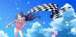  black_hair checkered checkered_flag cloud confetti contrapposto day earrings fate/grand_order fate_(series) flag hair_ribbon hand_on_hip highres hood hoodie hoop_earrings ishtar_(fate/grand_order) ishtar_(swimsuit_rider)_(fate) jewelry karasaki long_hair looking_afar red_eyes ribbon single_thighhigh sky solo standing swimsuit swimsuit_under_clothes thighhighs two_side_up wind 
