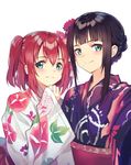  alternate_hairstyle bangs black_hair blush clenched_hand flower green_eyes grin hair_flower hair_ornament hair_up huanxiang_heitu japanese_clothes kimono kurosawa_dia kurosawa_ruby long_hair looking_at_viewer love_live! love_live!_sunshine!! mole mole_under_mouth multiple_girls obi red_hair sash short_hair siblings simple_background sisters smile two_side_up upper_body white_background wide_sleeves yukata 