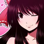  bangs bare_shoulders brown_eyes brown_hair close-up closed_mouth collarbone commentary_request face hair_ribbon hakurei_reimu heart looking_at_viewer one_eye_closed pink_background portrait red_ribbon ribbon simple_background smile solo tottsuman touhou 