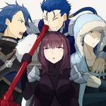 3boys ^_^ armor blue_hair blush bodysuit breasts clenched_teeth closed_eyes commentary cu_chulainn_(fate/grand_order) cu_chulainn_(fate/prototype) fate/grand_order fate/prototype fate/stay_night fate_(series) fur_trim gae_bolg grey_background hood hsin lancer large_breasts long_hair multiple_boys ponytail purple_hair red_eyes scathach_(fate)_(all) scathach_(fate/grand_order) simple_background skin_tight smile teeth 