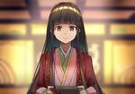  black_hair blurry brown_eyes closed_mouth commentary_request depth_of_field handheld_game_console hime_cut houraisan_kaguya hsin japanese_clothes kimono layered_clothing layered_kimono long_hair nintendo_switch playing_games sidelocks smile solo touhou upper_body very_long_hair 