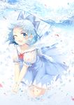  3000_xiao_chun absurdres blue_bow blue_eyes blue_hair blush bow cirno eyebrows_visible_through_hair hair_bow highres ice ice_wings looking_at_viewer open_mouth puffy_short_sleeves puffy_sleeves red_bow short_hair short_sleeves smile solo touhou underwater wings 