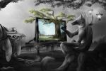  anthro ashesdrawn canine digital_media_(artwork) duo fantasy feral mammal tree unknown_species wolf 