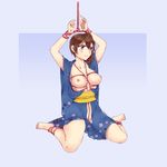  arms_up barefoot bdsm blue_kimono bondage bound bound_wrists breasts brown_hair collarbone grumpy highres japanese_clothes kaga_(kantai_collection) kantai_collection kimono krmn-chan medium_breasts nipples obi ponytail rope sash shibari shibari_under_clothes toes yukata 