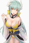  bangs bare_shoulders bikini blush breasts brown_eyes cleavage commentary_request cowboy_shot fate/grand_order fate_(series) green_hair hair_between_eyes hand_up holding_strap horns japanese_clothes kimono kiyohime_(fate/grand_order) kiyohime_(swimsuit_lancer)_(fate) large_breasts leaning_forward long_hair looking_at_viewer moshoko_(mizuneroku) obi parted_lips sash sidelocks simple_background smile solo swimsuit white_background white_kimono yellow_bikini 