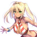  bare_shoulders bikini blonde_hair bracelet breasts cleavage criss-cross_halter earrings fate/grand_order fate_(series) green_eyes hair_intakes halterneck jewelry large_breasts long_hair magaki_ryouta nero_claudius_(fate)_(all) nero_claudius_(swimsuit_caster)_(fate) red_bikini simple_background solo striped striped_bikini swimsuit tan twintails white_background 
