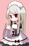  apron blush character_request chibi closed_mouth copyright_request eyebrows_visible_through_hair grey_hair long_hair looking_at_viewer maid maid_apron maid_headdress naga_u red_eyes smile solo 
