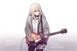  bad_id bad_pixiv_id black_hair blonde_hair commentary_request cowboy_shot electric_guitar gradient gradient_background grey_background guitar hair_ornament hairclip holding holding_instrument instrument jacket kamameshi_gougoumaru long_hair long_sleeves looking_to_the_side loose_clothes music open_clothes open_jacket playing_instrument shirt smile solo translation_request white_background white_shirt 